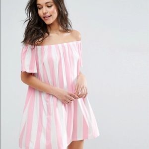 ASOS Pink and White Stripe Off Shoulder Dress
